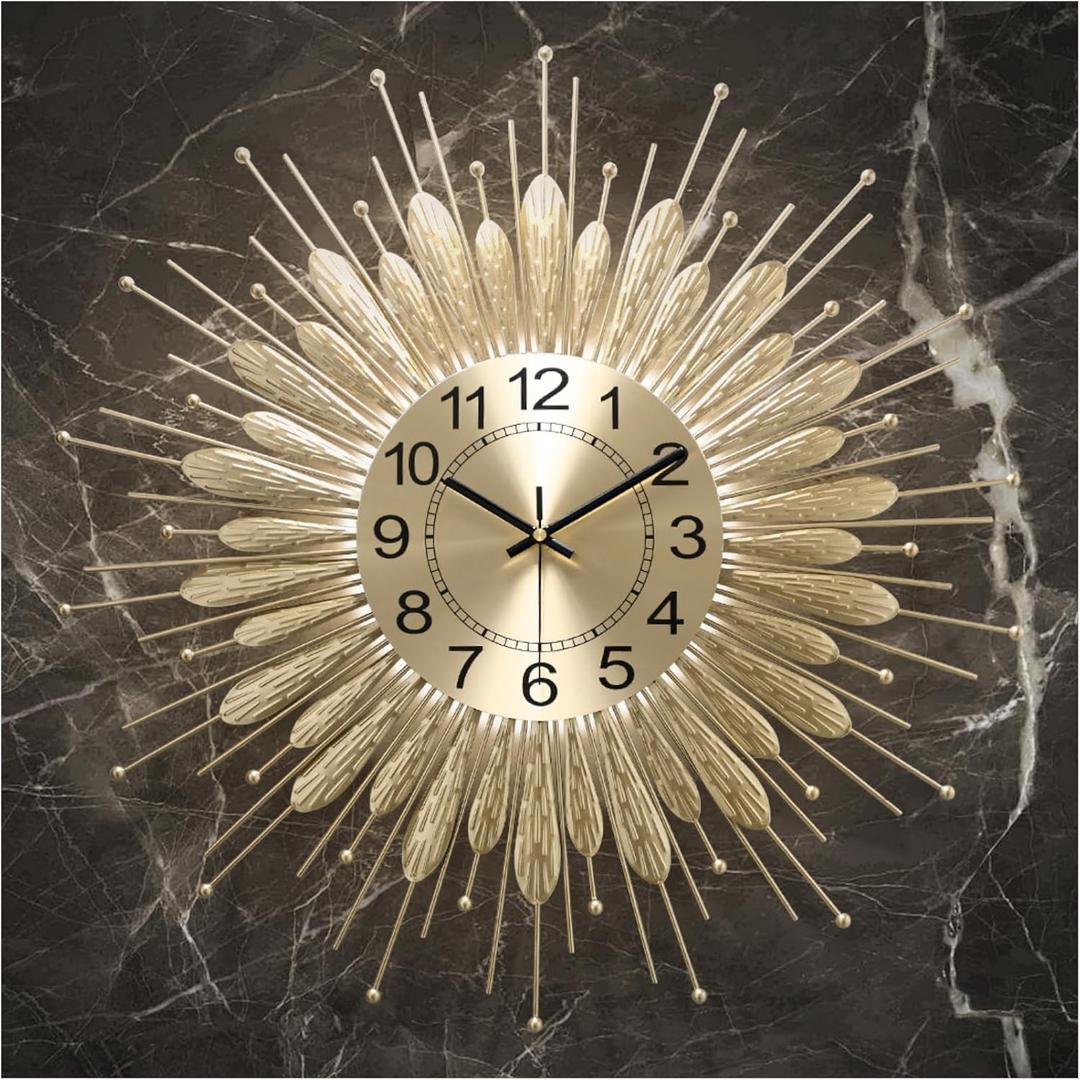 Gold Wall Clock 23 Inch SunburstMid Century Decorative Wall Clocks Battery Operated Sunburst Large Modern Handmade Home Art Decor for Living Room Corridor, Staircase, Kitchen & Thoughtful Gift