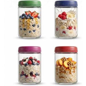 18 OZ 4Pack, Overnight Oats Jars with Lids, Glass Meal Prep Containers, Airtight Mason Jars for Breakfast, Yogurt Parfait, Salad & Smoothies, Leakproof and Reusable Food Storage Jars(4-1)