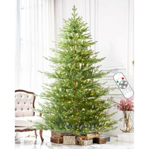 7FT Pre-lit Christmas Tree Fir with Remote Control, 650 Warm White Multi-Color Lights, Hinged/Feel Real/Realistic for Home, Holiday Decoration Dual Color LED Artificial Xmas Tree 7 Feet