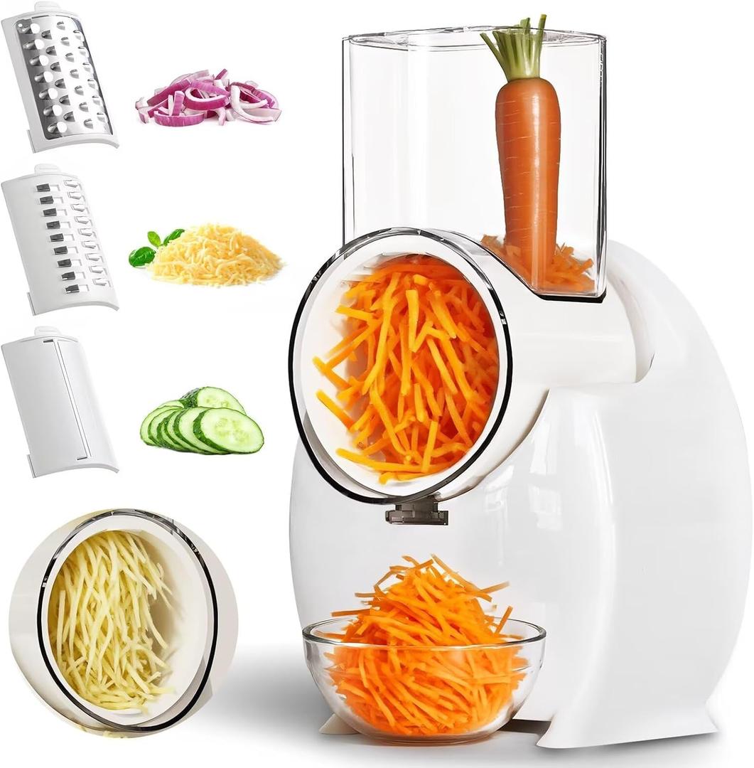 Electric Cheese Grater for Block Cheese - 3 in 1 Rotary Cheese Grater Electric Rotary Grater Salad Shooter Electric Slicer for Cheeses, Fruits, Vegetables and Nuts (White)
