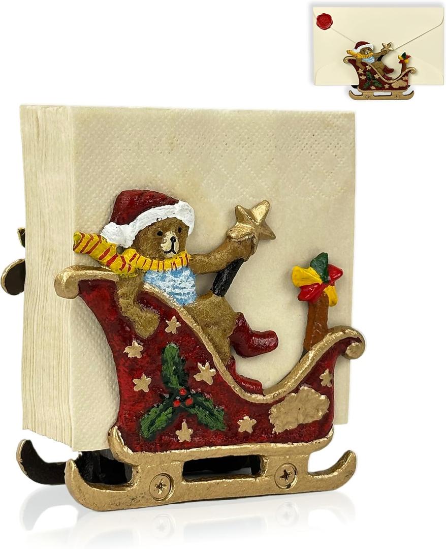 Cast Iron Napkin Holder for Table, Decorative Cocktail Napkin Holder with Bear Sleigh Design, Heavy Duty Napkin Dispenser for Paper Napkins, Kitchen Island Decor