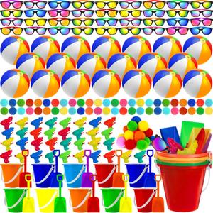 120 Pcs Kids Summer Beach Party Favors Sets- Includes 18 Inflatable Beach Balls Bulk, 18 Sand Bucket and 18 Shovels Set, 24 Neon Sunglasses Bulk, 24 Water Guns,18 Water Balls, Pool Party Gift Supplies