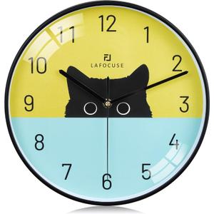 Lafocuse 12 Inch Silent Cat Wall Clock Battery Operated, Black Cat Clock Analog for Girls Room, Cute Animal Clock for Kids Bedroom