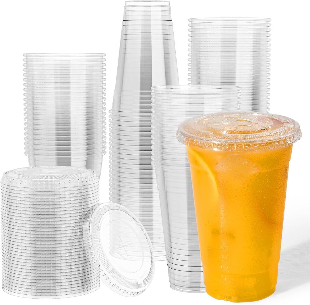 JOLLY CHEF 500 Pack 20 oz Clear Plastic Cups with Flat Lids, Disposable Iced Coffee Cups, Premium Crystal Smoothie Cup for Party, Cold Drinks, Juice, Wedding, Christmas, Birthday, Halloween, Party