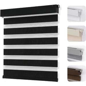 Joydeco No Drill Zebra Blinds for Windows, Cordless Day & Night Dual Sheer Roller Shades, Easy Installation, Free-Stop Lift System, Light Filtering Privacy Blinds for Home(Black,34" W x 75" H)