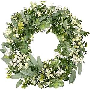 Vlorart Artificial Spring Summer Christmas Greenery Wreaths for Front Door Green Eucalyptus Leaf Wreath Decor Boxwood with Big Berries for Farmhouse Outside Year Round