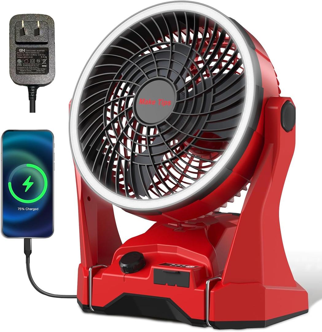 Fan for Milwaukee M18 Battery, Portable Jobsite Camping Fan with Infinite Speed Control, 3-Level Ring Light, USB-C and USB Charging, Hook, Handle, 180° Tilt for Outdoor Use, Battery Not Included