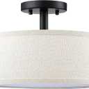 2 Light 12" Off White Linen Fabric Drum Shade semi Flush Mount Ceiling Light Black Finish,Kitchen Island Chandeliers Shade for Bar Dining Room, Corridor,Living Room