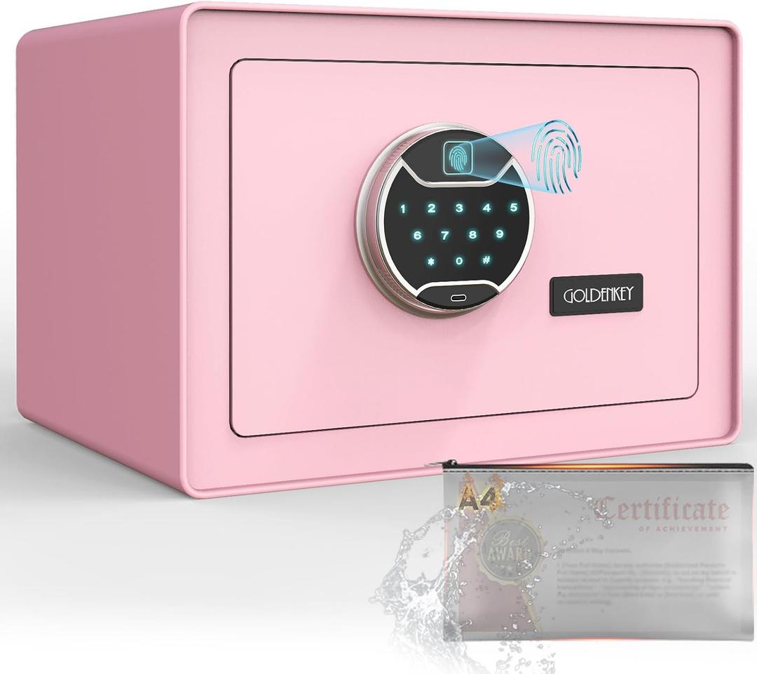 Goldenkey Pink Fingerprint Safe for Home, Biometric Security Safe Box with Touchscreen Keypad, Jewelry Safes for Cash, Document Safes with Fireproof Waterproof Bag for Bedroom, Closet, Office