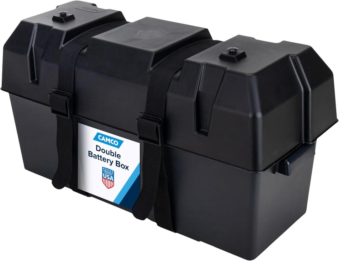 Camco Double Battery Box - Safely Stores RV, Automotive, and Marine Batteries - Features a Heavy-Duty Corrosion-Resilient Polymer Construction and Measures Inside 21-1/2" x 7-3/8" x 11-3/16" (55375)