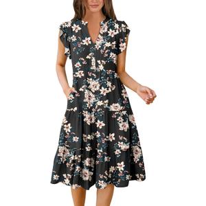 ANRABESS Womens Summer Dress Ruffle Sleeve V Neck Midi Dresses Fashion Casual Fit Flowy Tiered Boho Beach Vacation Sundress (Large, Black Yellow Flower)