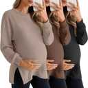 3 Pack Women's Maternity Shirts Long Sleeve Waffle Knit Side Split Oversized Tops Pregnancy Clothes Fall Tees (Medium, Khaki, Brown, Black)