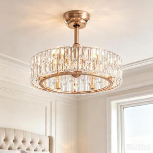 20'' Modern Caged Crystal Ceiling Fans with Lights Remote, Rose Gold, 19.7 Inch