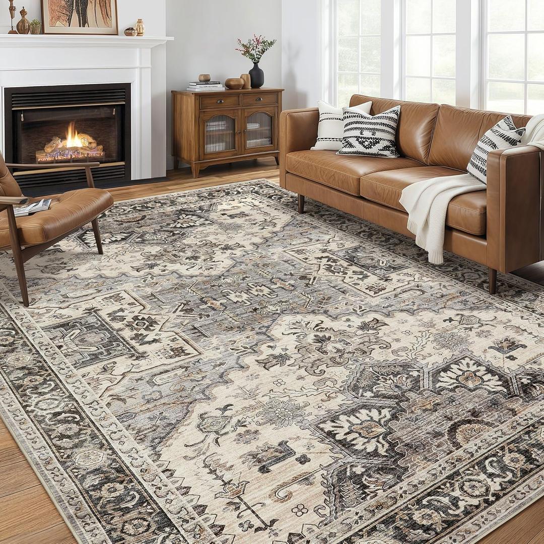 Area Rug for Living Room - 9x12 Soft Machine Washable Oriental Vintage Floral Distressed Large Indoor Floor Carpet for Bedroom Under Dining Table Home Office Decor - Brown (9ft x 12ft)
