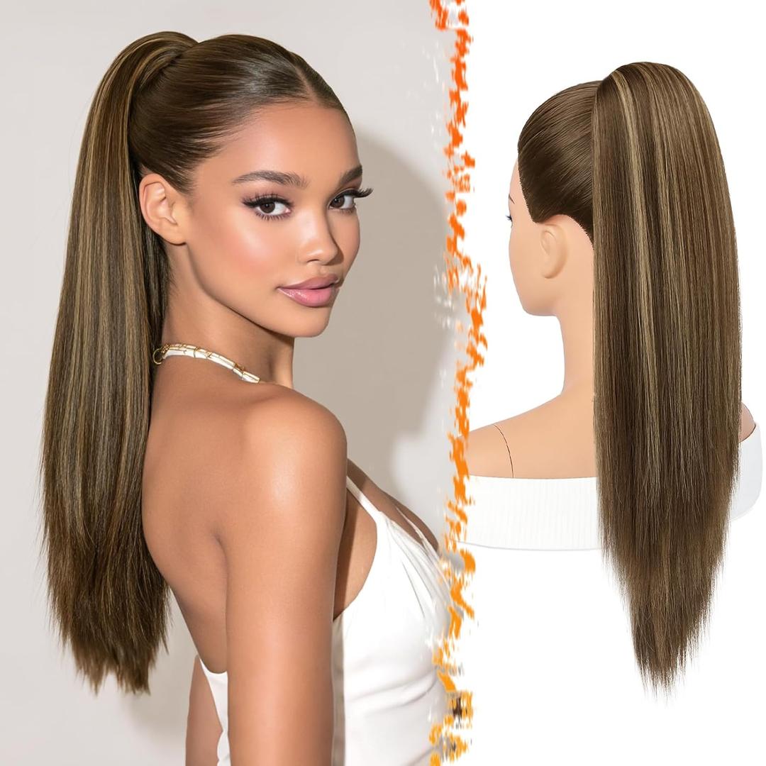 BARSDAR Straight Drawstring Ponytail Extension - 22 Inch Long Straight Ponytail Extension Natural Looking Layered Soft Synthetic Cheer Posh Pony Tails Hairpieces Daily Party, Brown with Blonde