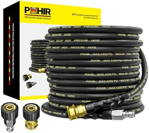 POHIR Pressure Washer Hose 50 ft with 3/8 Inch Quick Connect, Kink Resistant High Tensile Wire Braided,with 2 pcs M22 14mm Adapter Set, 4200 PSI Power Washer Hose