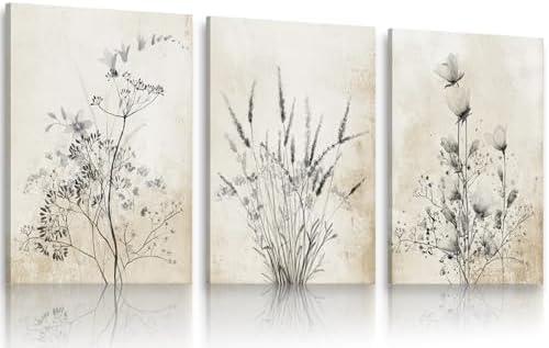 KBIERQN 3Pcs Vintage Floral Canvas Wall Art Rustic Flower Paintings Poster Prints Modern Minimalist Wildflowers Pictures Neutral Boho Wildflower For Living Bedroom Wall Decor 12x16In Framed