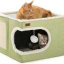 Garnpet Cat Bed for Indoor Cats Cube House, Covered Cat Cave Beds & Furniture with Scratch Pad and Hideaway Tent, Cute Modern Cat Condo for Multi Small Pet Large Kitten Kitty, Green (16.5"D x 16.5"W x 13"H)