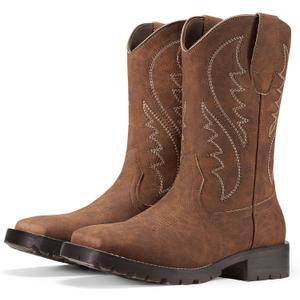 Rollda Cowboy Boots for Men Western Boots Men's Square Toe Chunky Heel Mid-Calf Boots Classic Embroidered Pull On Boots (9.5, Brown)
