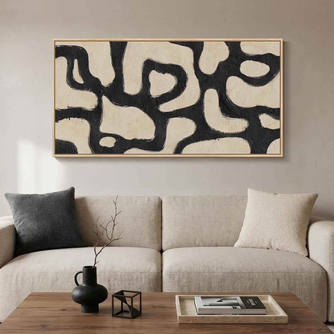 Framed Abstract Neutral Horizontal Wall Art for Living Room, Black Beige Mid Century Modern Artwork for Walls, Large Abstract Canvas Painting Print for Bedroom Hallway Home Office Wall Decor, 24x48 In