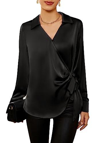 GRACE KARIN Satin Silk Blouse Casual Long Sleeve Slim Tie Waist Shirts Work Tunic Tops XL Black
