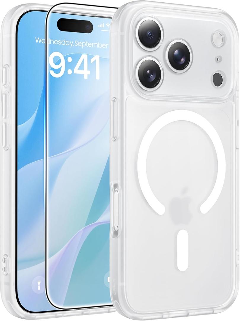 FNTCASE for iPhone 17 Pro Case: [Compatible with Magsafe] Translucent Matte Cases with [Full Camera Protection] [Screen Protector] Military Grade Shockproof Protective Phone Cover - White