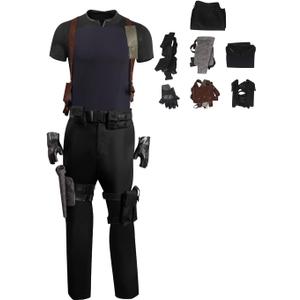 Mens Cosplay Jacket Pants Uniform Top Brown Belt Holster Gloves Halloween Costume (Medium, Black)