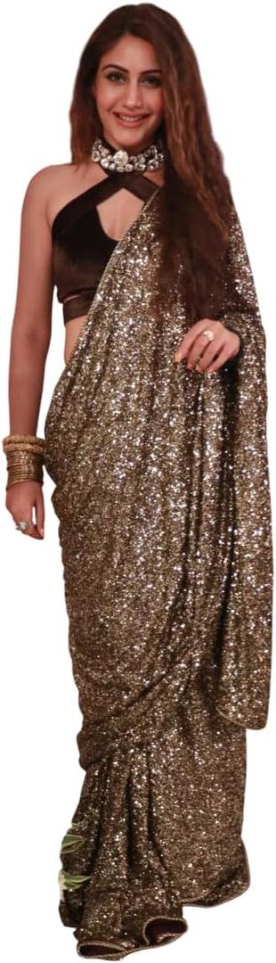Brown Golden Bollywood Style Color Georgette Heavy Sequence Work Saree, Free Size