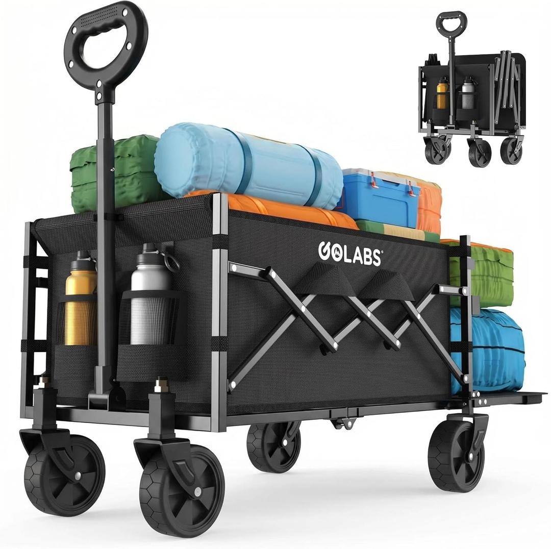 Golabs Collapsible Wagon Cart Max 350lb Load & Expandable Storage 100L, Double Bearing Design for Flexible Steering, Foldable Heavy Duty Garden Cart with 2 Cup Holders for Groceries, Garden & Camping (Black)