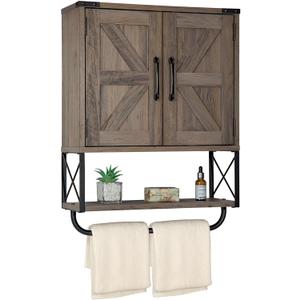 RUSTOWN Farmhouse Medicine Cabinet with 2 Barn Door, Wood Wall Mounted Storage Cabinet with Adjustable Shelf and Towel Bar, 3-Tier Bathroom Cabinet for Bathroom, Living Room(Washed Oak, Medium)