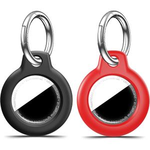 [Pack of 2] for Airtag Holder Case with Keychain, Shockproof GPS Cover Anti-Scratch Key Chain for Air Tags, for Airtags Accessories for GPS Item Tracker Cases for Bags, Black+Red