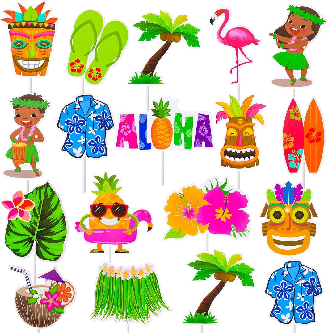 32pcs Hawaii Luau Cupcake Toppers Decoration Hawaiian Tropical Party Cupcake Toppers with Flamingo Pineapple Palm Leaves Tiki for Aloha Summer Party Supplies