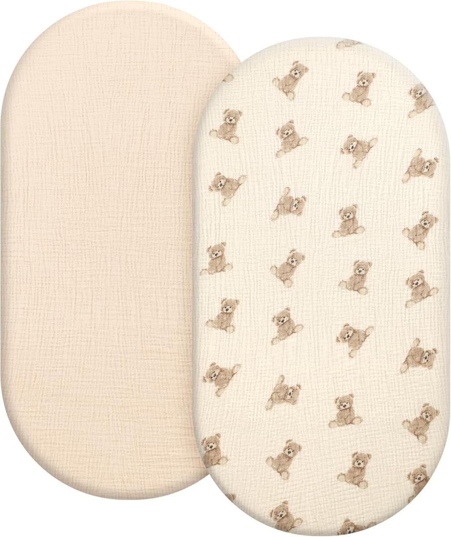 100% Organic Cotton Muslin Baby Bassinet Sheets 2 Pack 33x17 for Baby Girl Boy, Soft Fitted Mattress Pad Cover Compatible with Halo BassiNest Swivel Sleeper, Graco, Baby Delight, Chicco, Angelbliss