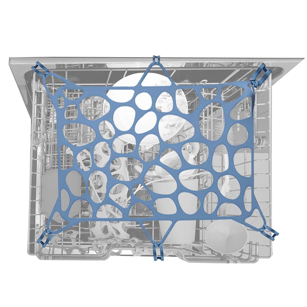 REVEX Silicone Dishwasher Net, Dishwasher Basket for Baby Items with 6 Adjustable Hooks, Dishwasher Mesh to Cover Baby Bottle Basket, Blue, 9.8"x14.5"