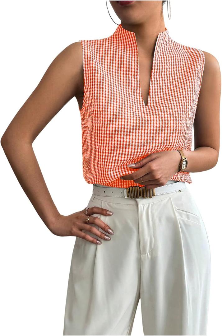 SOLY HUX Women's Work Outfits V Neck Sleeveless Blouses Summer Casual Tank Tops Business Office Dressy Striped Shirts (Orange Gingham, XL)