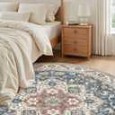 5ft Round Vintage Living Room Area Rug - 5x5 Large Soft Washable Oriental Traditional Distressed Farmhouse Rugs for Bedroom - Indoor Floor Accent Carpet for Home Office House Decor - Vintage Blue