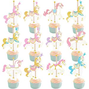 Carousel Horse Cupcake Toppers 48Pcs Carousel Horse Party Cake Decorations Carnival Carousel Horse Cupcake Picks Horse Birthday Party Supplies for Amusement Park Themed Baby Shower Decor