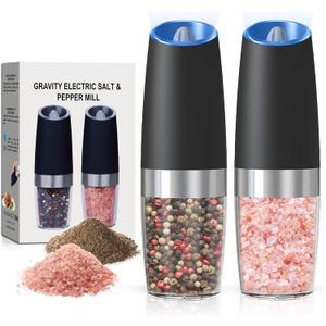 BELRIGO Battery Operated Salt And Pepper Grinder Set with LED Light, Automatic Electric Gravity Salt And Pepper Shakers Set, Each 6 AAA Batteries Needed, Adjustable Roughness, 2 Pack (Black)