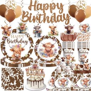 197pcs Brown Cow Birthday Decorations Include Tableware Set, Banner, Hanging, Tablecloth, Balloon, Cupcake Topper, Centerpiece, for Western Farm Animals Kids Birthday Baby Shower, Serves 25