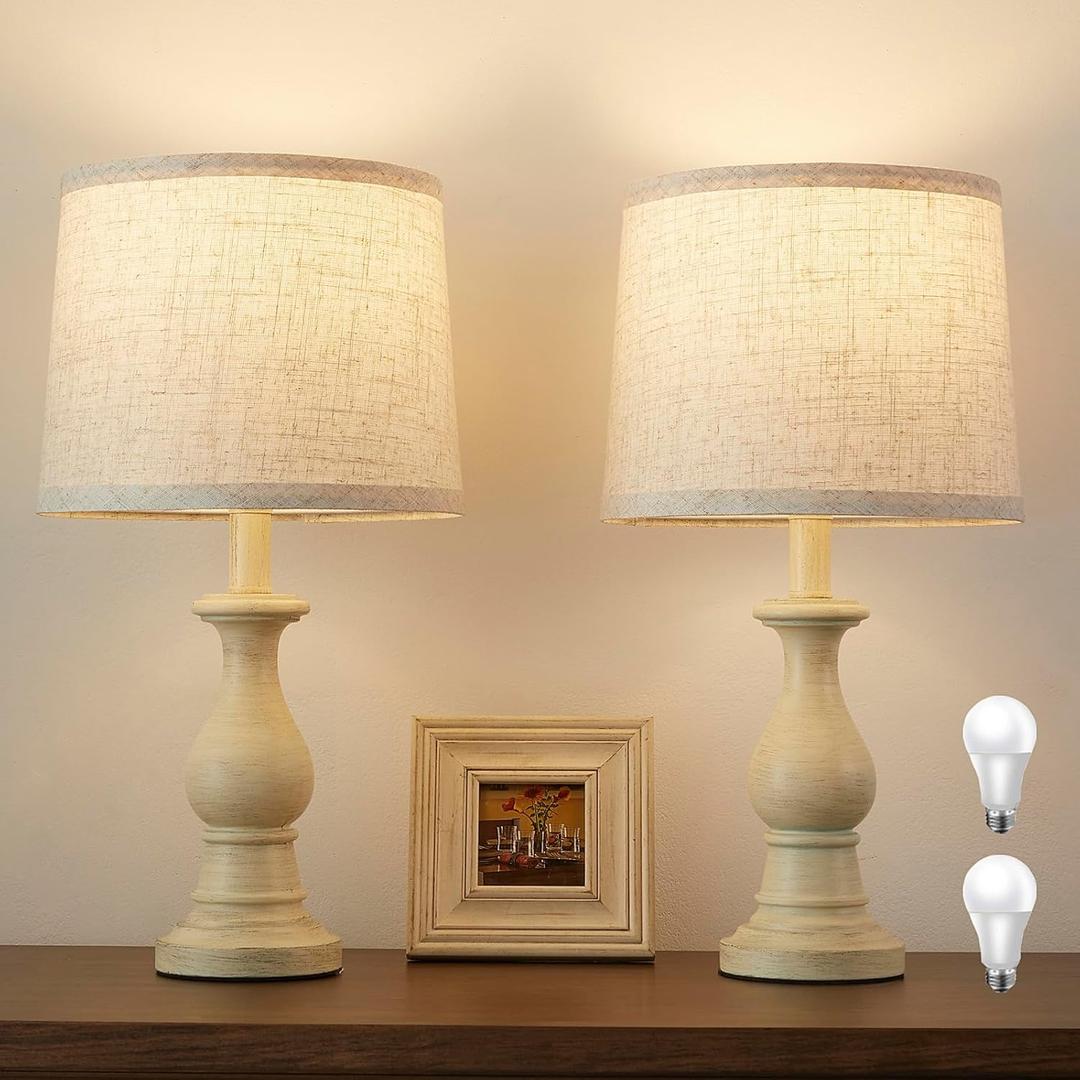 Vintage Table Lamp for Living Room Bedroom, 18.5" Farmhouse Bedside Lamps Nightstand Lamp Set of 2, Table Lamps with Oatmeal Linen Lamp Shades, 2 LED Bulbs Included, Beige