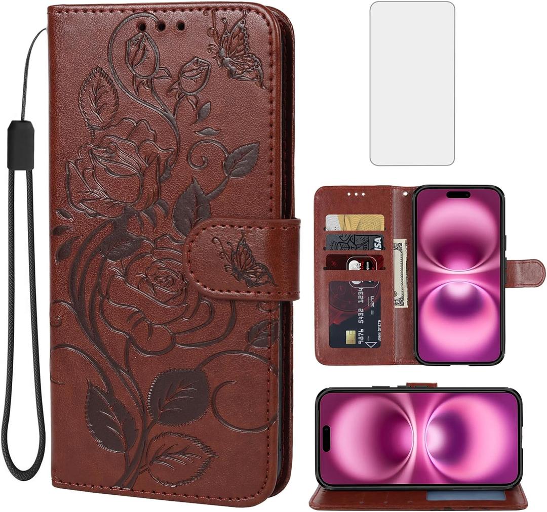 Case for iPhone 16 Plus Case, Apple 16 Plus Wallet Case with Tempered Glass Screen Protector, Flower Leather Flip Credit Card Holder Stand Phone Cover Cases for iPhone 16 Plus Brown