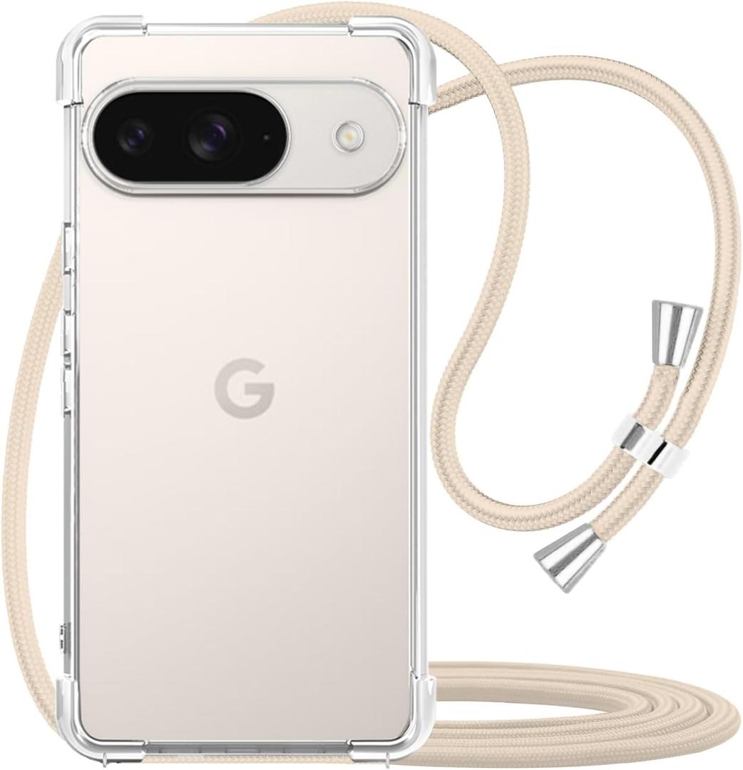 YESPURE for Google Pixel 9 Clear Strap Case Adjustable Cord Neck Shoulder Crossbody Mobile Phone Cover Transparent Durable Soft Slim Cover Women Shockproof Protective Phone Case for Pixel 9 - Beige