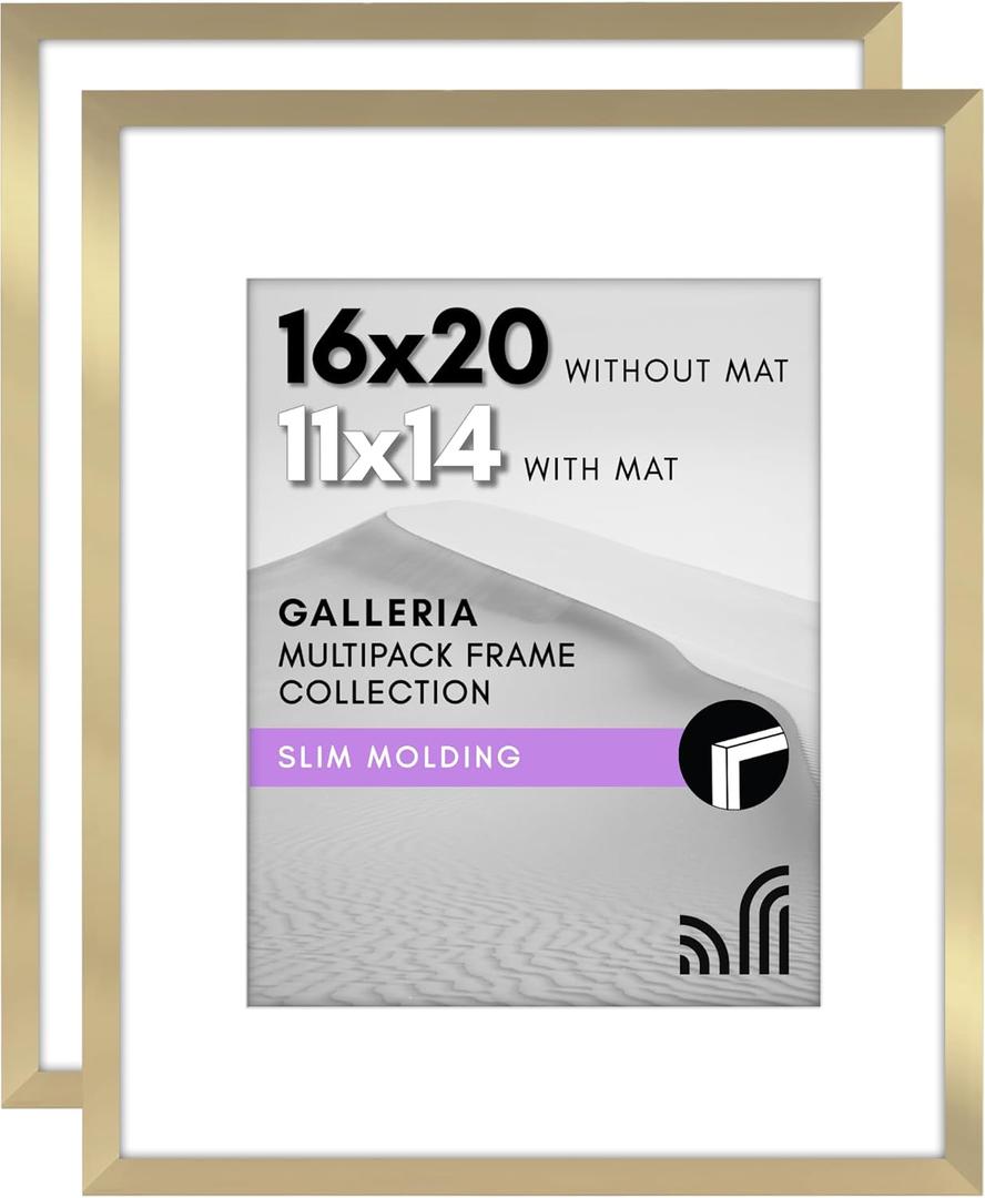 Americanflat 16x20 Picture Frame with Polished Plexiglass - Set of 2 - Use as 11x14 Frame with Mat or Display 16x20 Photo Without Mat - Galleria Collection - Picture Frames for Wall Display - Gold