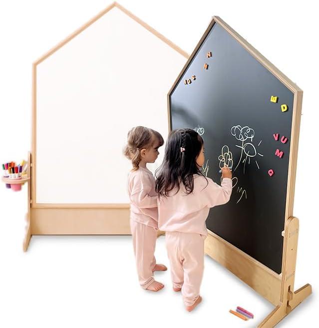 Comme Moi Kids Large Double-Sided Easel  Learning Chalkboard & Magnetic Whiteboard  Minimalist Wood Frame Art Board  Easy Install  Made in Korea  for Toddlers, Classrooms & Kids Room Dcor