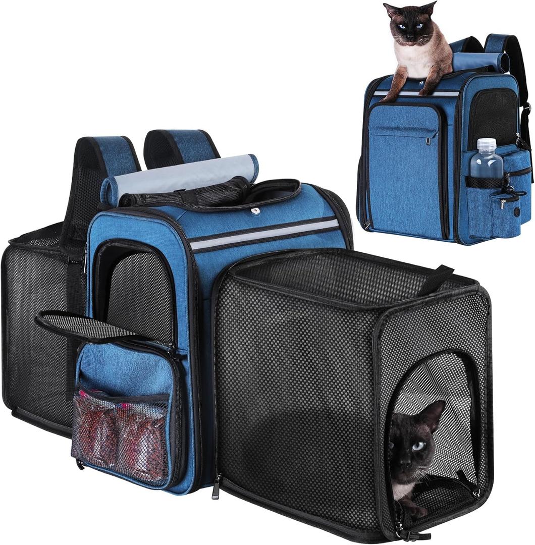 Cat Carrier Backpack for Travel, Dog Carrier Backpack for Large cat, Small Dogs, Puppies Up to 20 Lbs, Expandable Cat Backpack for Outdoor Hiking, Pet Carrier Back pack, Cat Back pack Carrier (Blue)