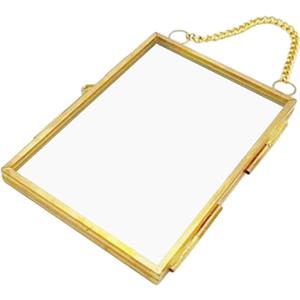 Reginary 7 Pcs 2 x 3 Inch Glass Frame for Pressed Flowers Mini Hanging Double Brass Frame Floating Glass Photo Picture Frame with Chain for Artwork Art Specimen Wall Plant DIY Decor(Gold)