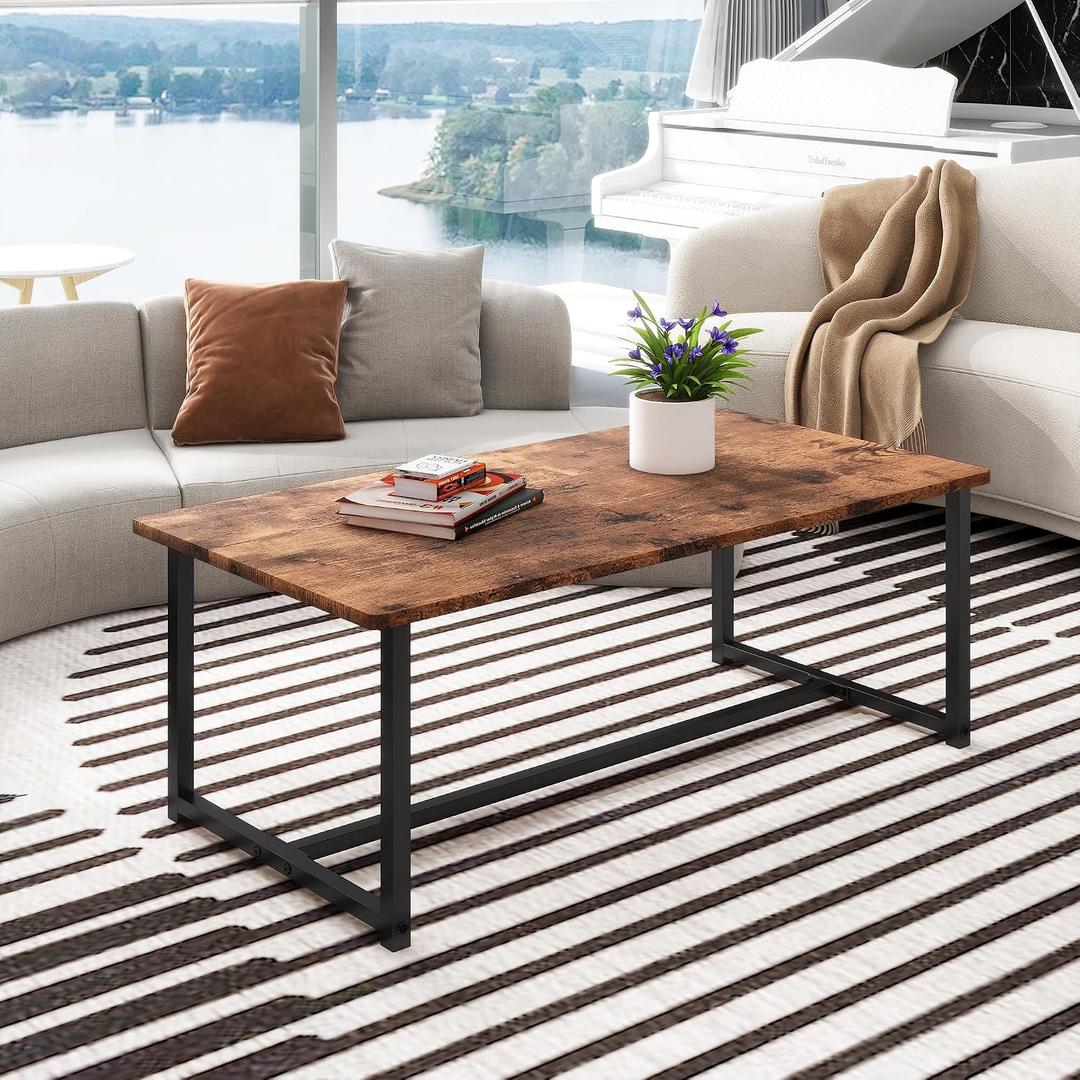 35.4" Rectangular Coffee Table for Living Room, Modern Industrial Style Coffee Table Center Table with Metal Frame for Small Space, Apartment, Office, Easy Assembly, Brown