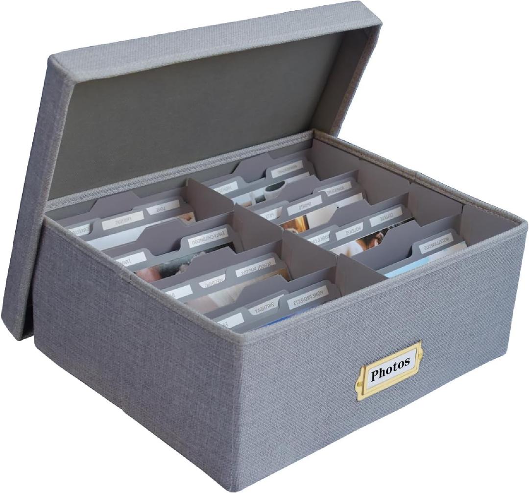 Linen Photo Storage Box  Holds 1700 Photos, 24 Adjustable Dividers & 72 Labels Multi-Use Organizer for Photos, Envelopes, Recipes Beige (Grey)