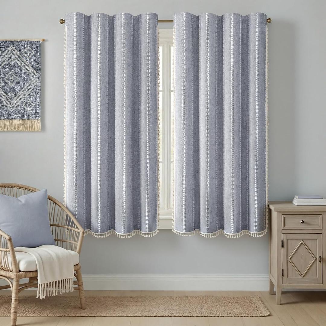 Blue Boho Blackout Curtains 2 Panels 63 Inch for Living Room Bedroom, Linen Texture Farmhouse Curtains with Tassels and White Cotton Embroidery Vintage Rustic Country Western Blue, 52"W x 63"L (Pack of 2)
