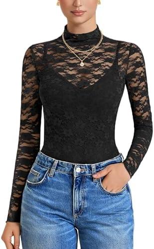 Avidlove Womens Long Sleeve Bodysuit Lace Tops Turtle Neck Shapewear Body Suits Going Out Top Fall Outfits Two Piece Set S